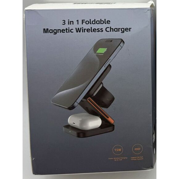 Foldable 3-in-1 Magnetic Wireless Charging Station Black‎ With Carrying Case - Picture 1 of 12